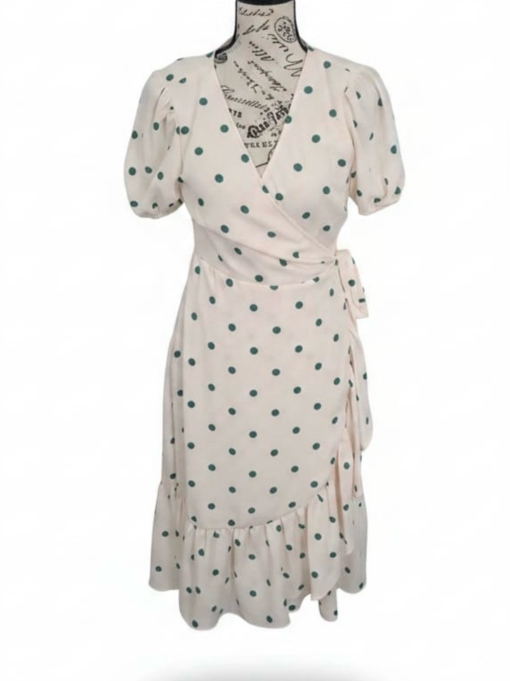 LC Lauren Conrad Cream Wrap Midi Dress with Green Polka Dots